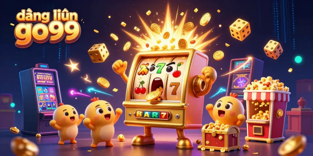 Engaging scene of a golden slot machine celebrating its jackpot with colorful elements, highlighting đăng nhập go99 excitement.