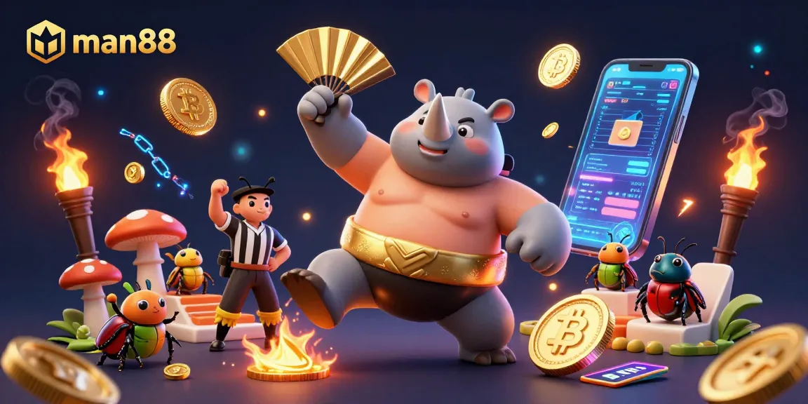 Experience thrilling wins at man88 with a sumo champion beetle and vibrant crypto elements!