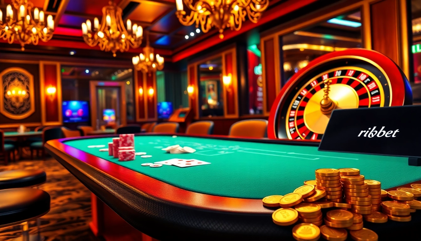 Engage with rikbet on an exciting casino scene featuring poker chips and roulette wheels.