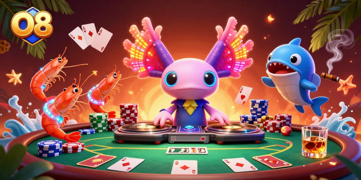 Join the excitement at O8 with a colorful casino scene featuring a DJ axolotl and poker action.