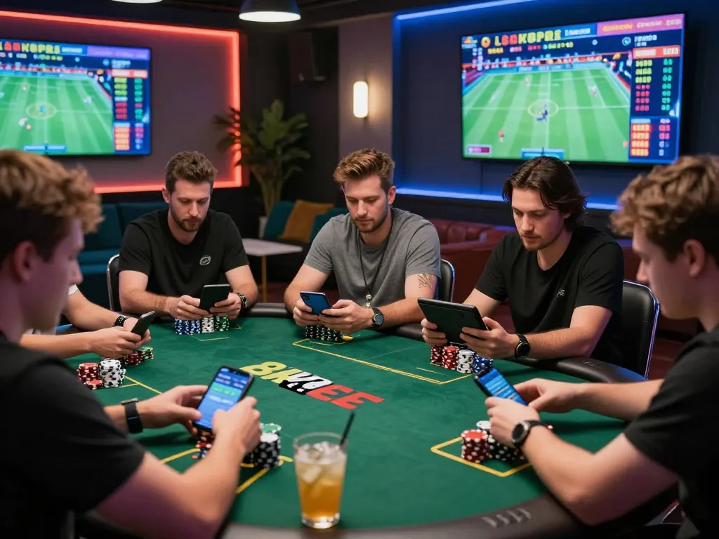 Dynamic online betting environment with players engaging on 8kbet platform, showcasing excitement and social interaction.
