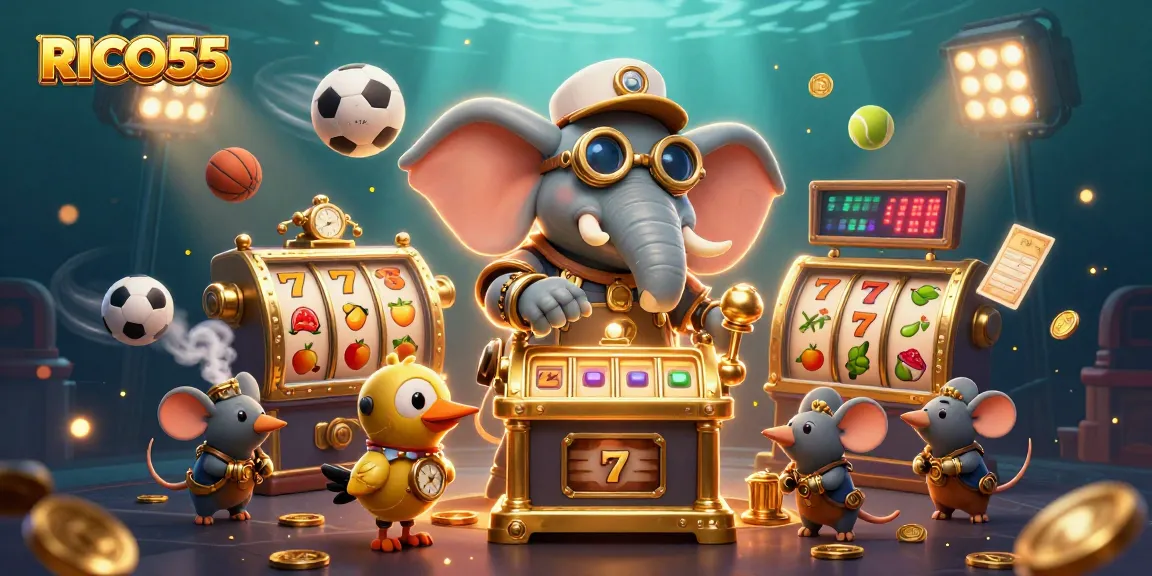 Win big with RICO55, featuring a steampunk elephant at the slot machine alongside dynamic gaming elements.