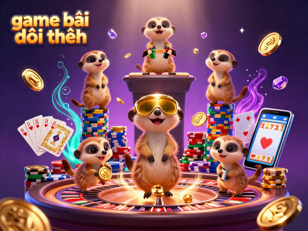 Engage in game bài đổi thưởng excitement with meerkats in a colorful casino scene.