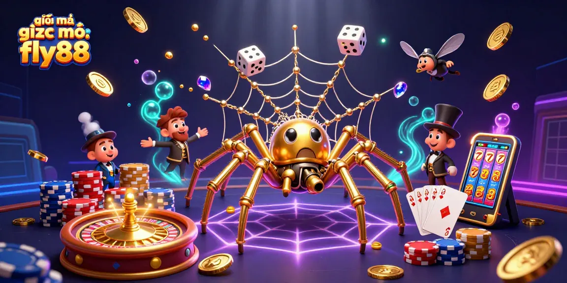 Engaging scene showcasing giải mã giấc mơ fly88 with golden spider, poker elements, and lively casino ambiance.