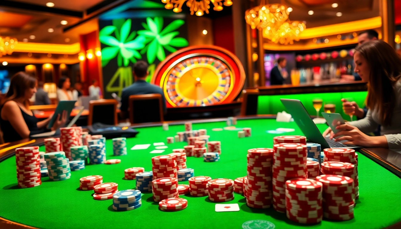 Engaged players enjoying online gambling at Mb66 casino, featuring poker chips and a roulette wheel.