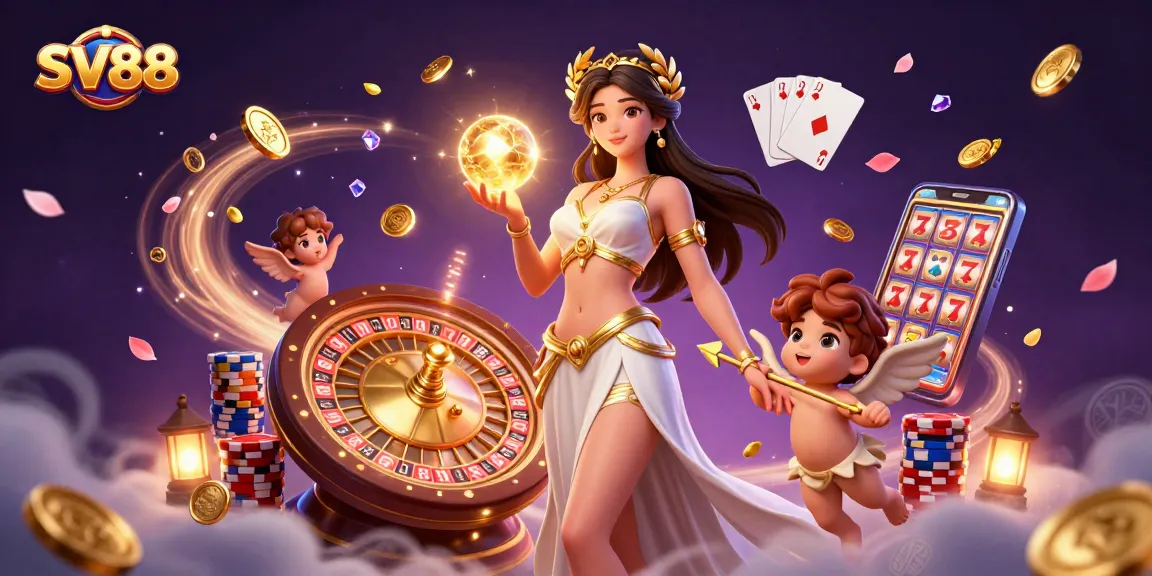 Win big with SV88 in a thrilling casino scene featuring coins, cards, and vibrant atmosphere.