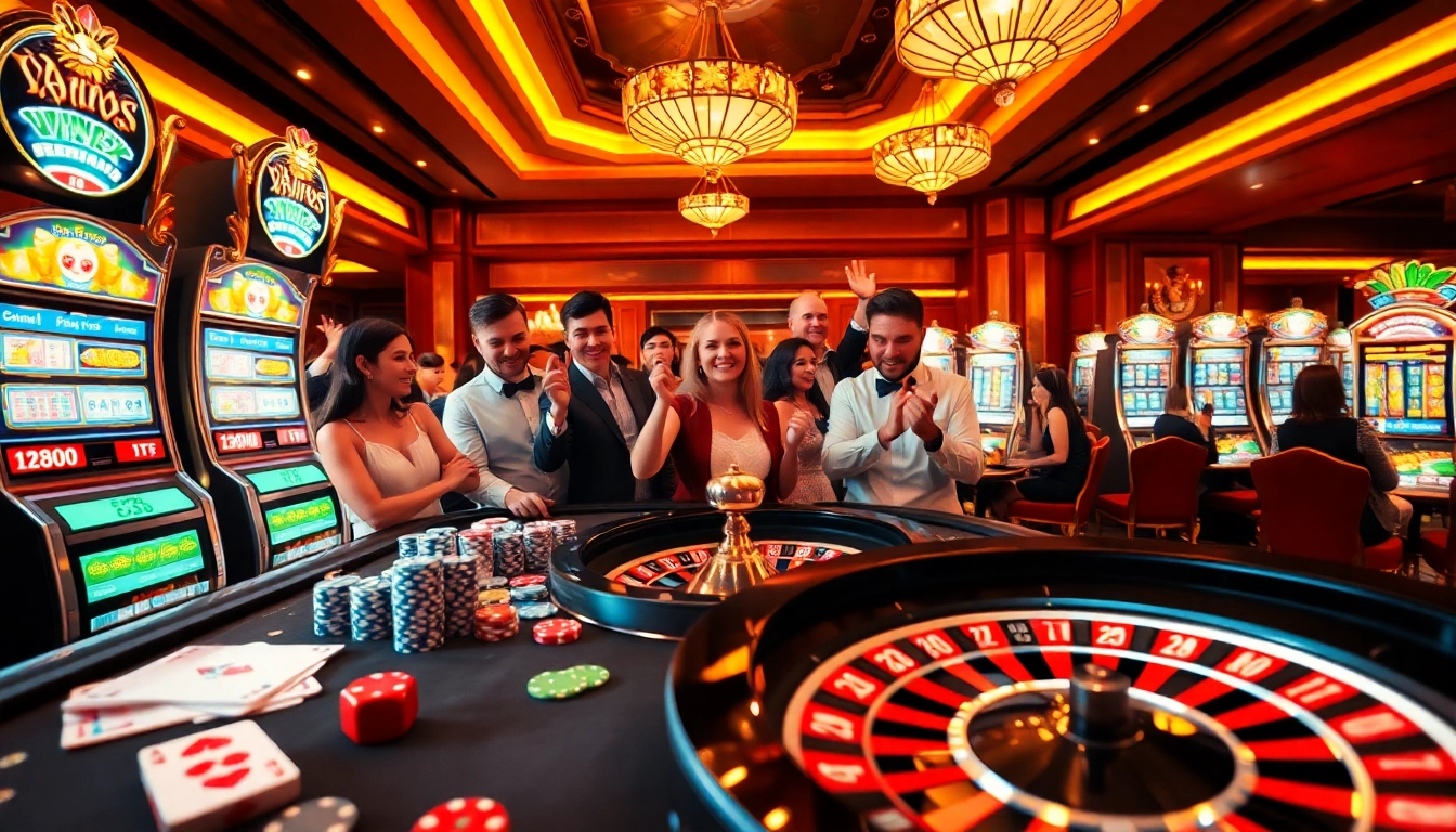 Excited gamblers enjoying a luxury gaming experience at a casino table, featuring go8 poker chips and cards.