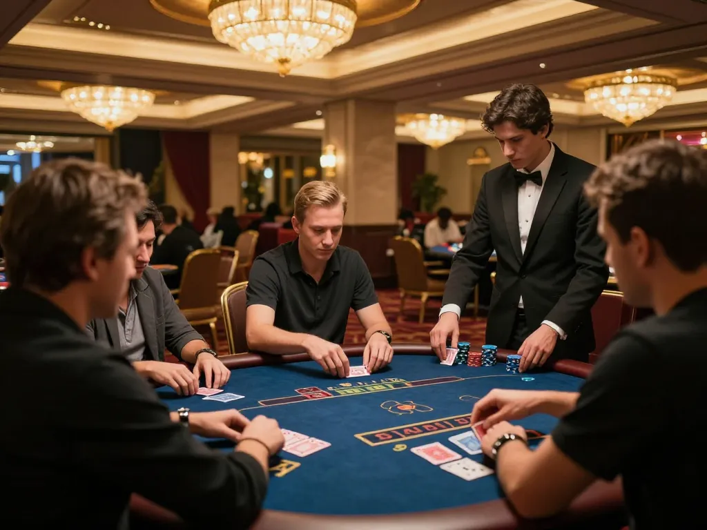 27G poker players engaging in high-stakes gameplay at an upscale casino table under elegant lighting