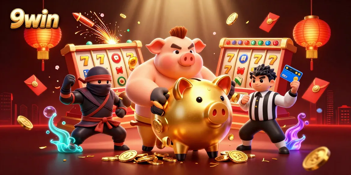 Experience epic wins with 9win's vibrant casino adventure featuring a golden piggy bank sumo wrestler.