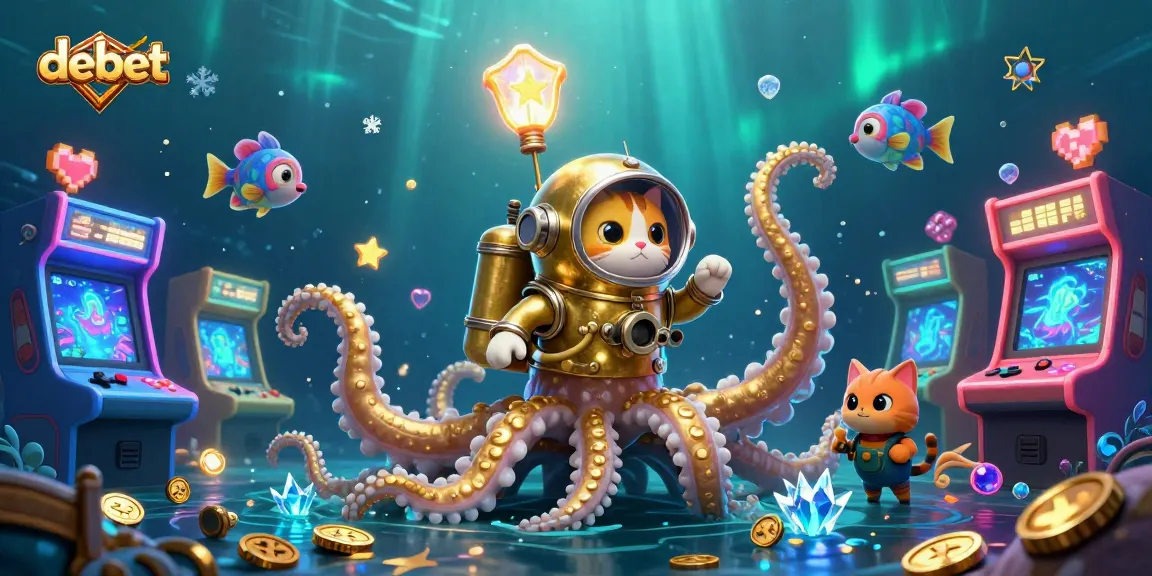 Engage with debet's thrilling underwater adventure featuring a kraken and a diving cat amidst vibrant casino elements.