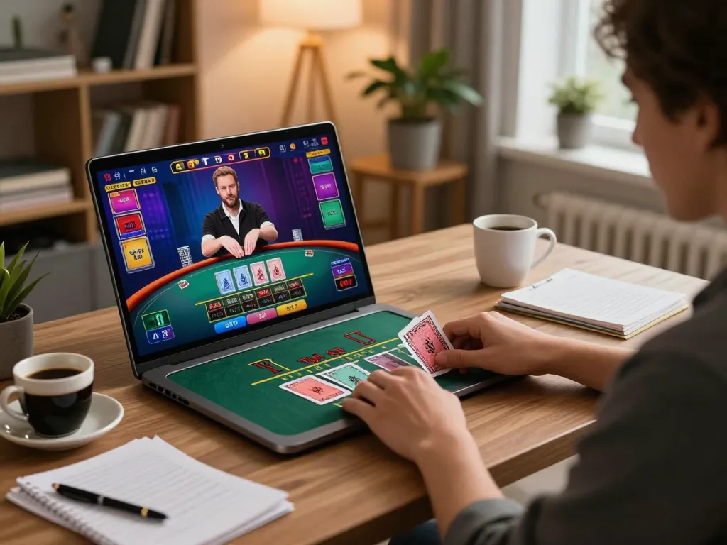 Engaging with live dealer blackjack via https://33cc.info/ in a cozy home office setup with strategy notes