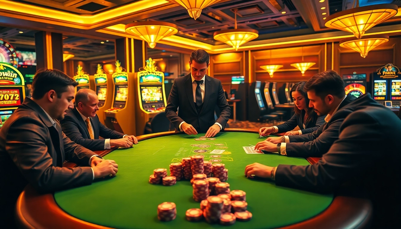 Players enjoying an exciting game at a Bomwin-themed casino poker table with vibrant atmosphere.