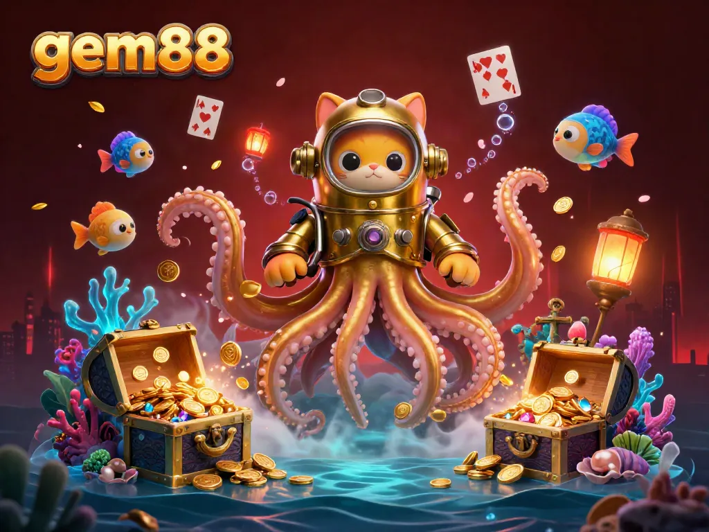 This gem88-inspired scene captures a playful kraken and diving cat amidst a treasure-filled ocean, symbolizing excitement in online gaming.