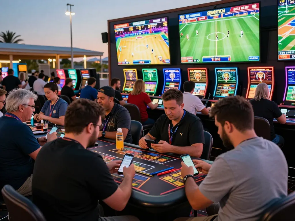 688v sports fans placing live bets at a casino, energetic atmosphere with giant screens.