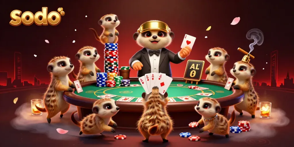 Experience the excitement of SODO casino with a colony of meerkats engaged in a vibrant gaming scene.