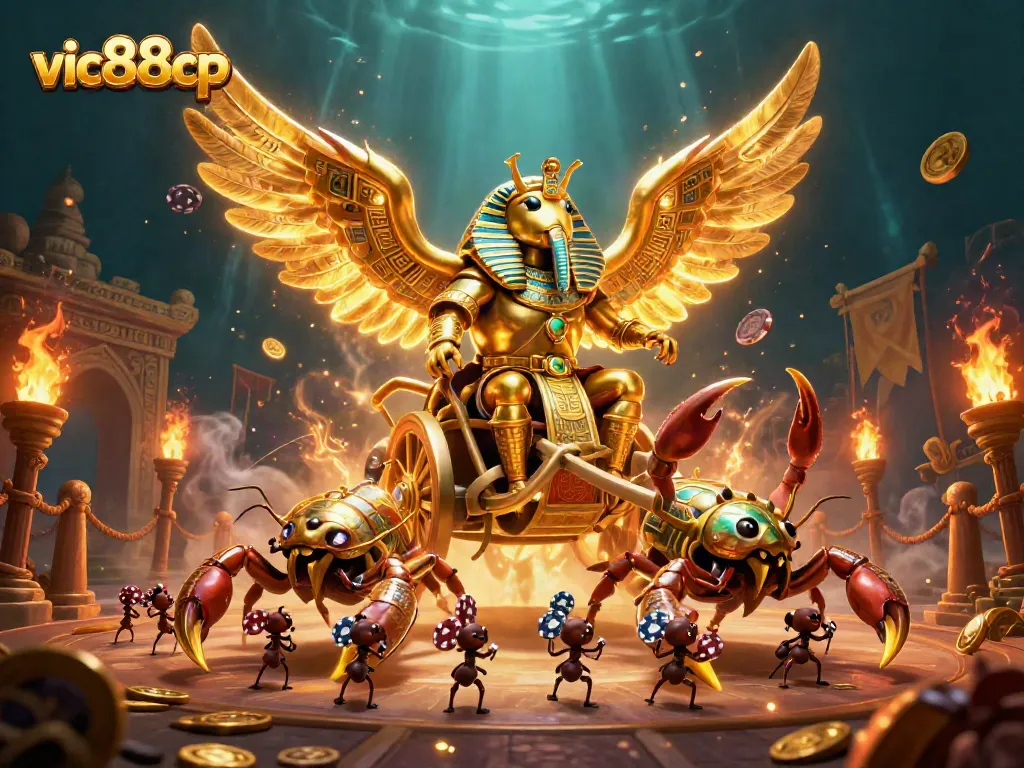Experience thrilling gameplay with vic88cp's dynamic casino scene of golden elements and vibrant characters.
