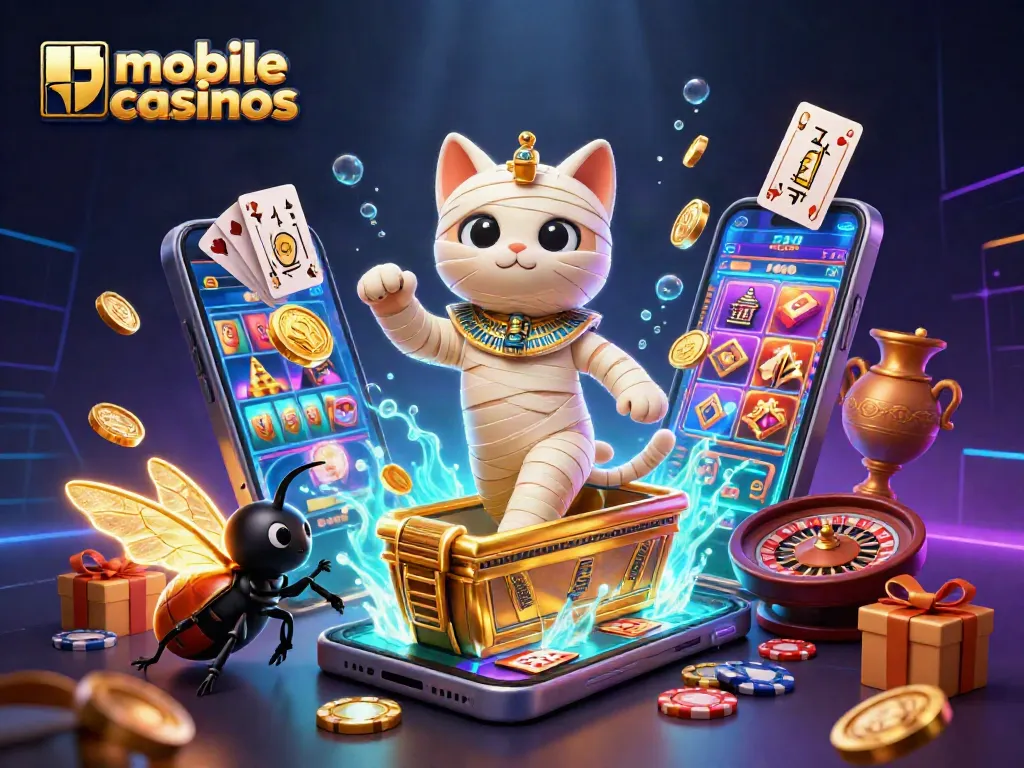 Experience thrilling mobile casinos featuring a mummy cat, glowing scarab, and dynamic slot games.