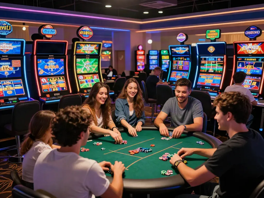Friends enjoying ta88 online gaming experience at a vibrant digital casino.