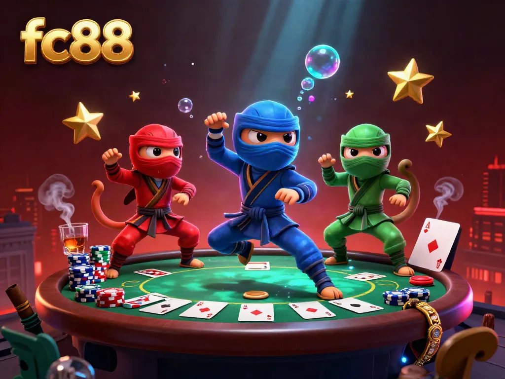 Experience the excitement of fc88 as three ninja chameleons engage in dynamic poker action on a vibrant rooftop.