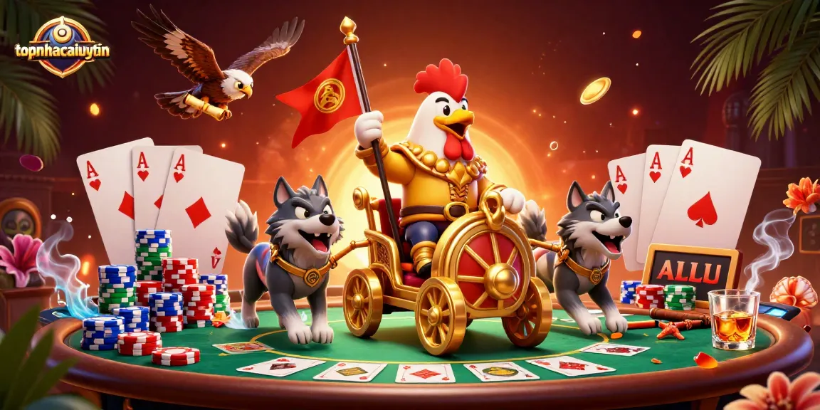 topnhacaiuytin features a rooster warlord at a poker table, showcasing vibrant gaming elements.