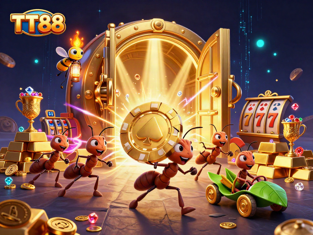 TT88 ants orchestrating a thrilling heist in a casino tunnel filled with gold and treasures.