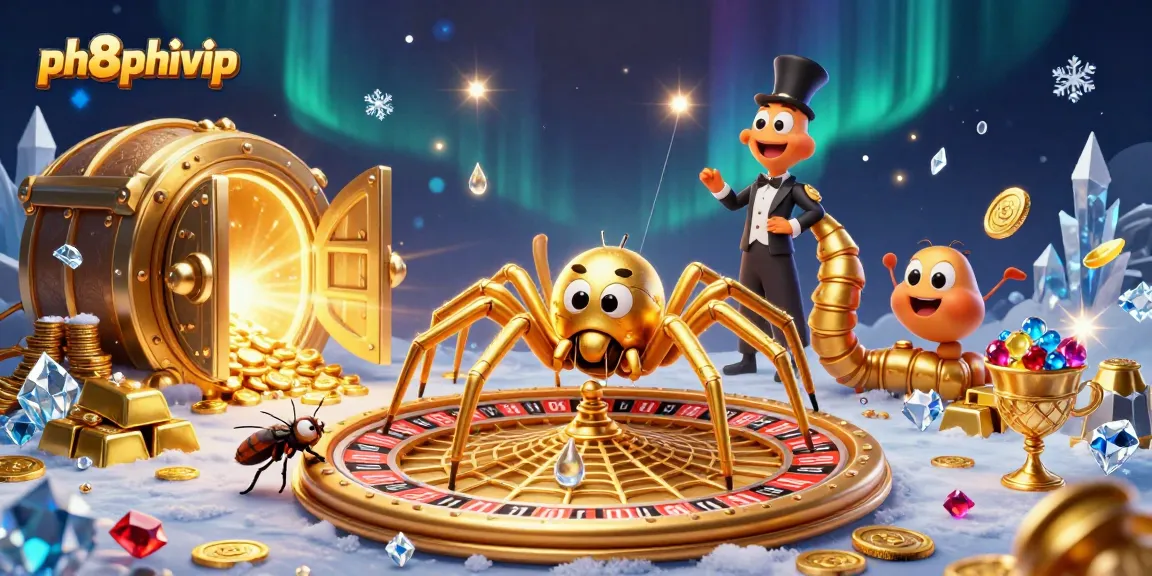 Spin the roulette wheel of fortune at ph8phivip with a golden spider and centipede croupier in this dynamic casino scene.