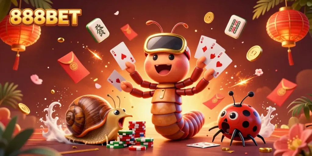 Experience the excitement of 888BET with a lively casino scene featuring animated characters and festive elements.