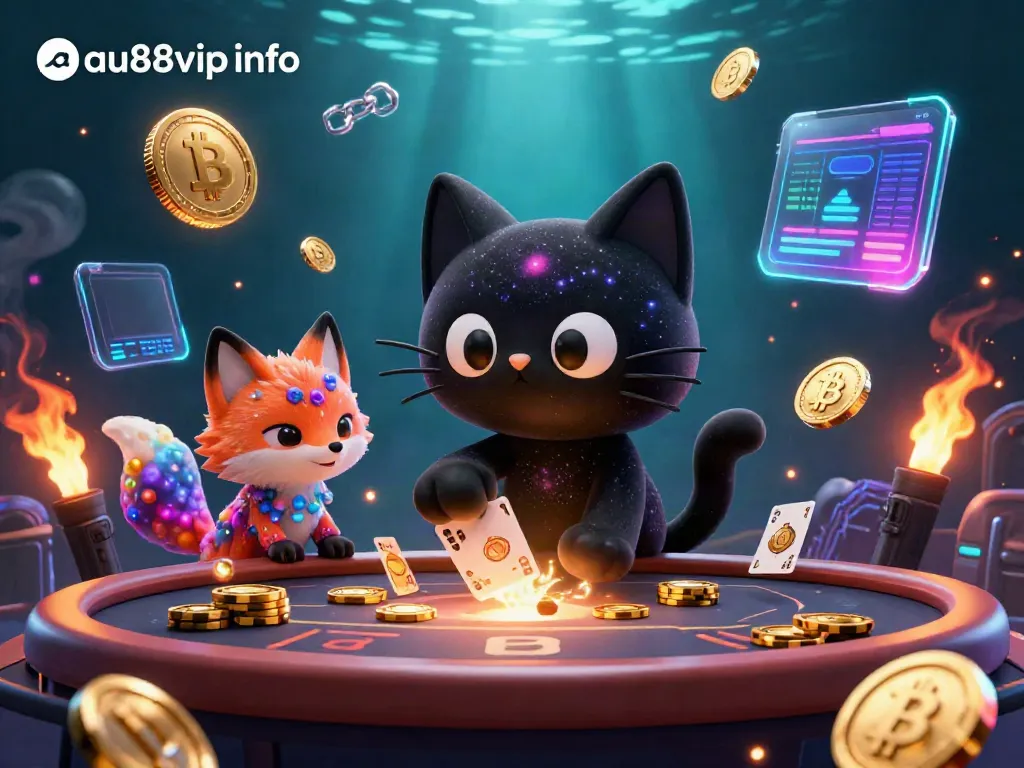 Engage in winning at au88vip info with a cosmic 3D cartoon casino scene featuring a black hole cat and nebula fox.
