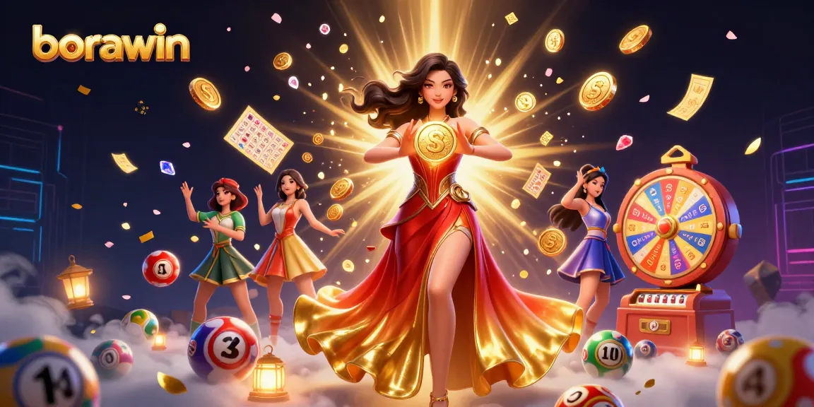 Win big with borawin as a stunning woman holds a golden coin amidst a dynamic casino scene.