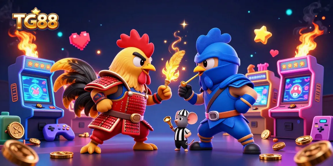 Experience the exciting arena of TG88 where roosters clash, reflected in colorful casino-themed game elements.