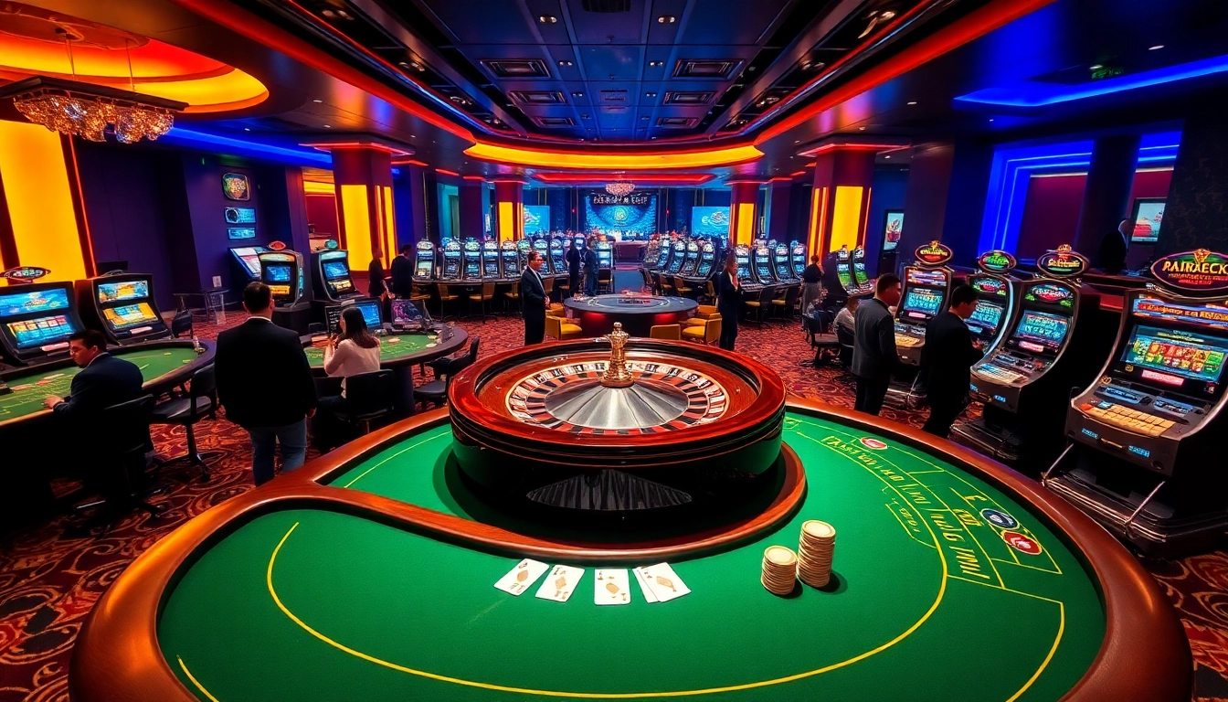 Experience thrilling gameplay at da88 com with an engaging casino scene featuring roulette, blackjack, and slot machines.
