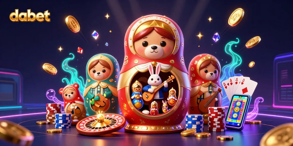 dabet shows a vibrant 3D scene featuring a Matryoshka bear and casino dealer bears amidst sparkling treasures.