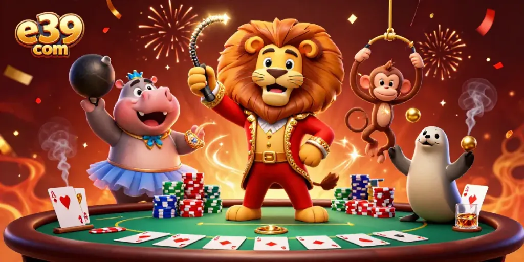 Experience the vibrant world of e39 com with lively characters and exciting casino elements in this detailed illustration.