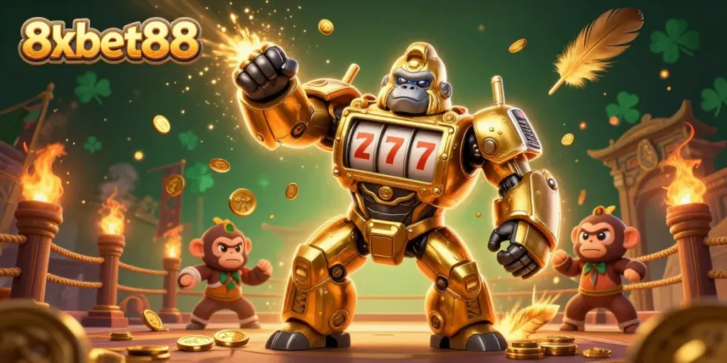 Experience thrilling wins with 8xbet88's cartoonish golden gorilla mech in a vibrant casino arena.