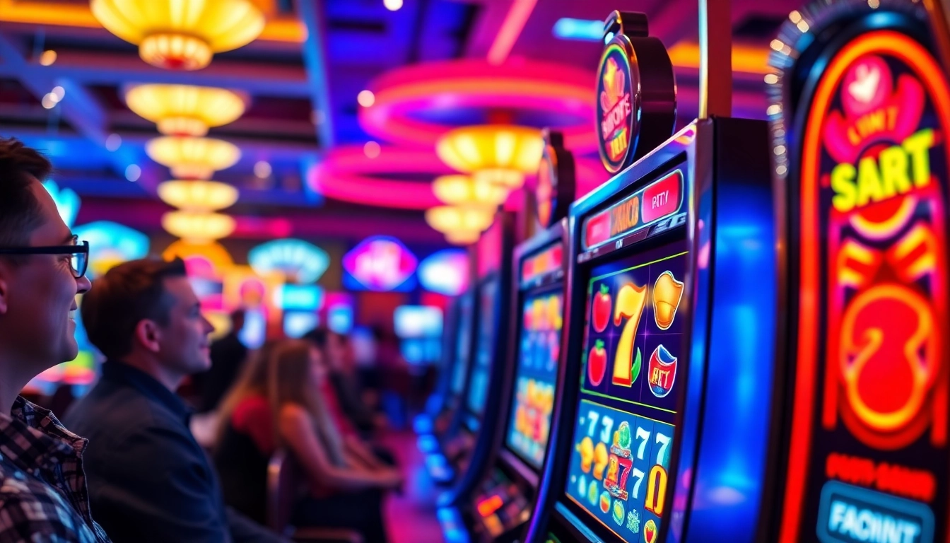 Engaging players at a vibrant RTP slot machine in a lively casino setting.