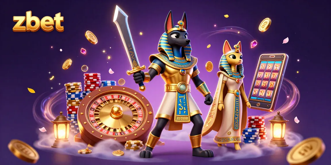Experience zbet's thrilling gaming adventure with Anubis and Bastet amidst vibrant casino action.
