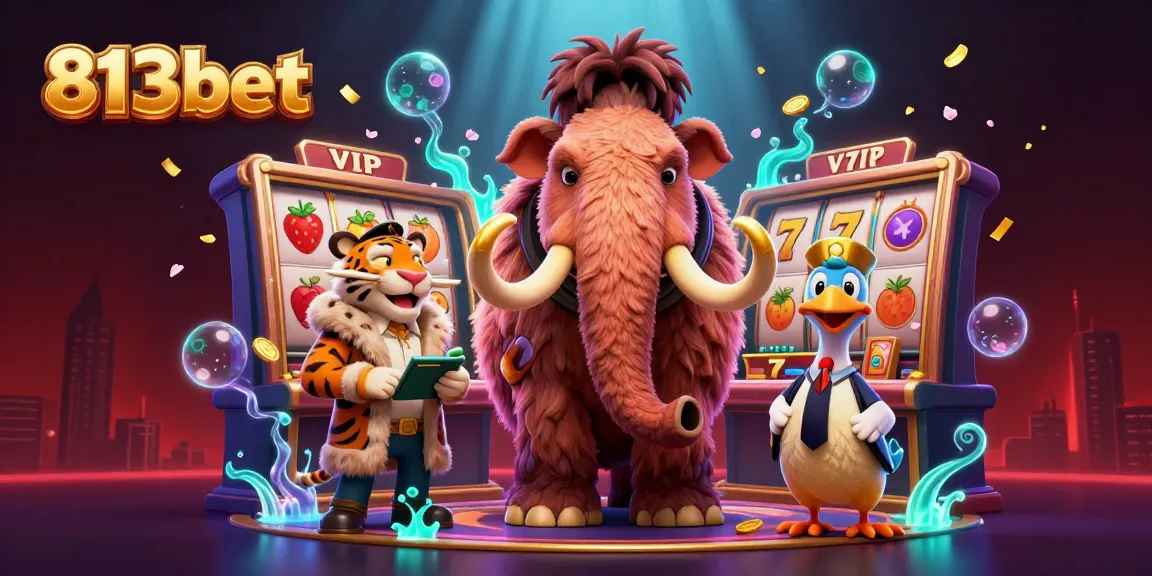 Aposte com 813bet em uma divertida cena de cassino, com personagens únicos e símbolos de sorte.