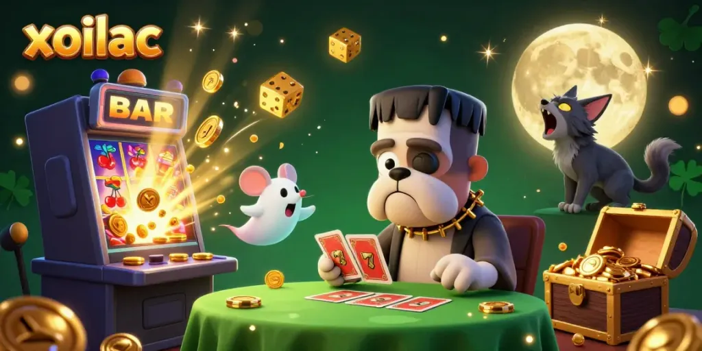 Xoilac showcases an exciting live casino scene with a cartoon bulldog monster dealing cards and festive casino elements.