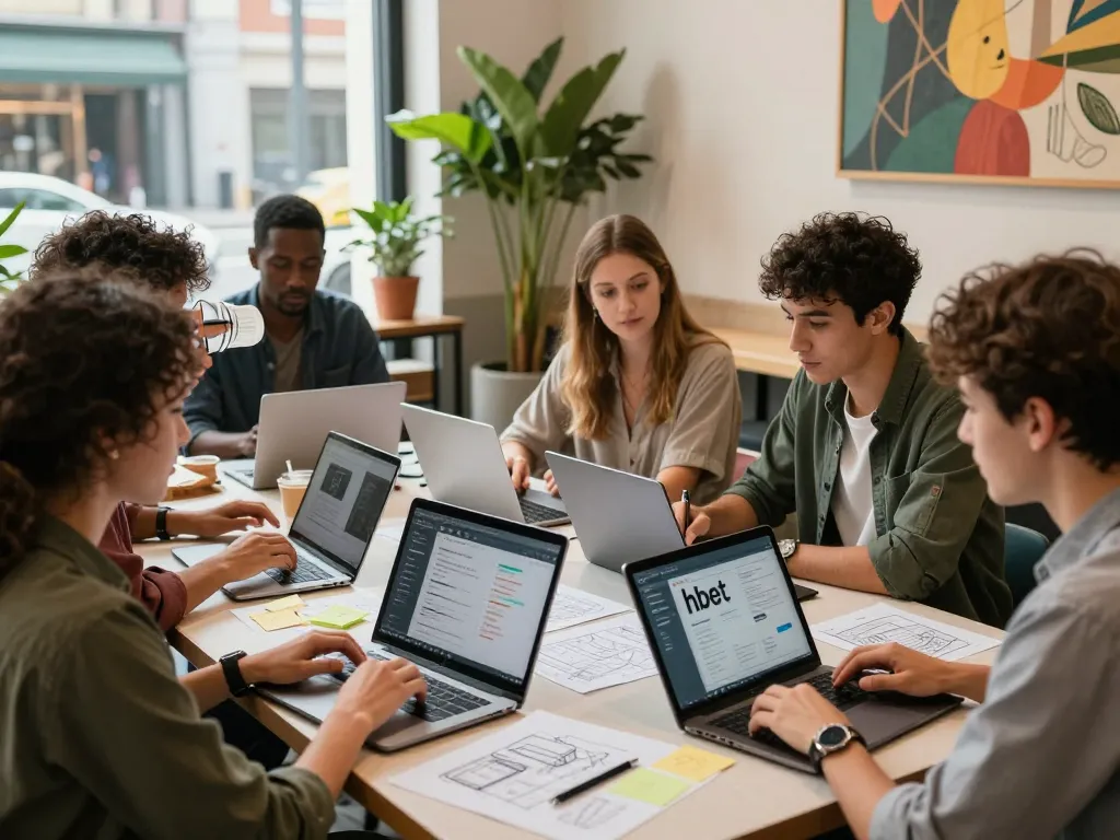 Diverse group collaborating on hbet technology solutions in a modern café