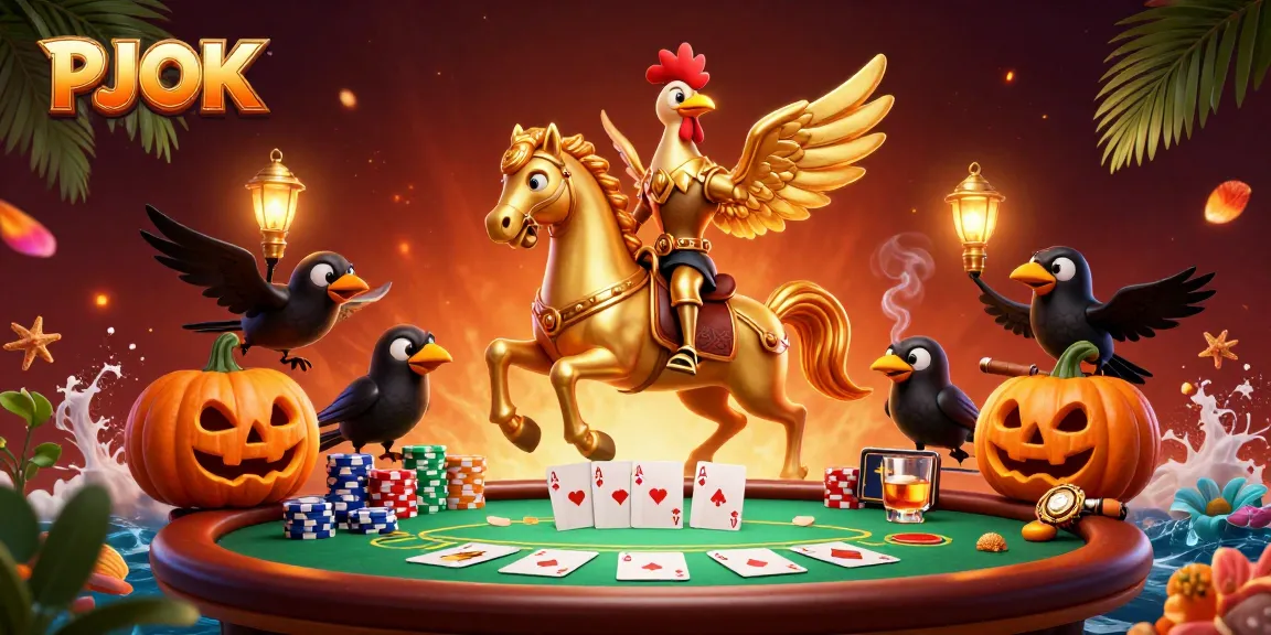 PJOK players engage in a vibrant midnight casino scene with golden rooster and pumpkin-headed crows.