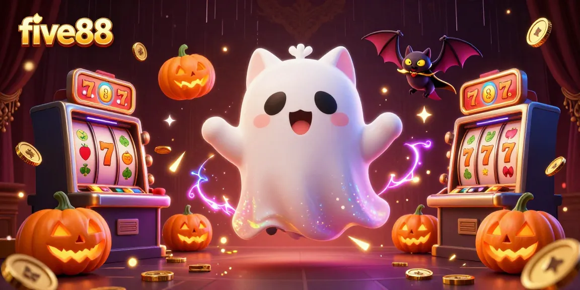 Experience five88 in a vibrant haunted casino scene with a friendly ghost cat and spooky elements.