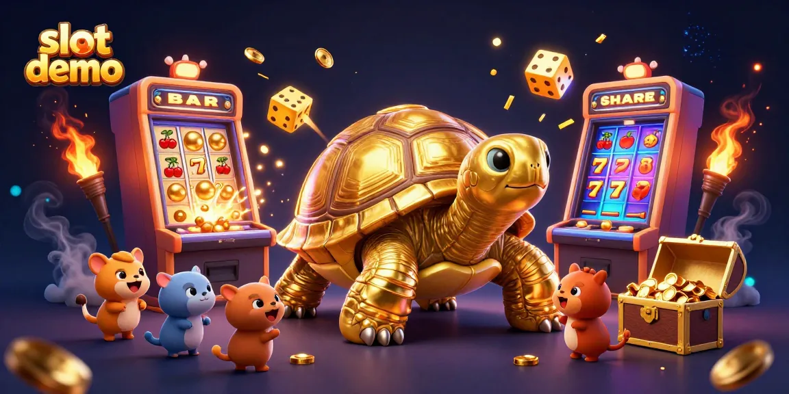 Slot demo tampil menarik dengan mesin slot dan kura-kura besar yang berfungsi sebagai pinball.
