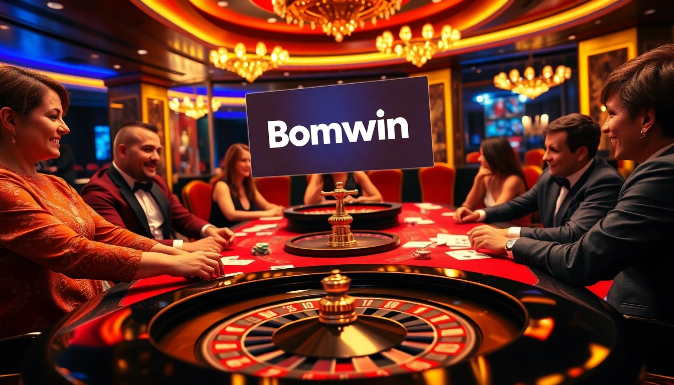 Exciting gameplay scene at a casino featuring Bomwin logo, poker chips, and a roulette wheel.