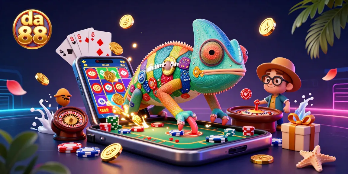 Engage with the colorful world of da 88 through this dynamic casino scene featuring a vibrant chameleon and gold coins.
