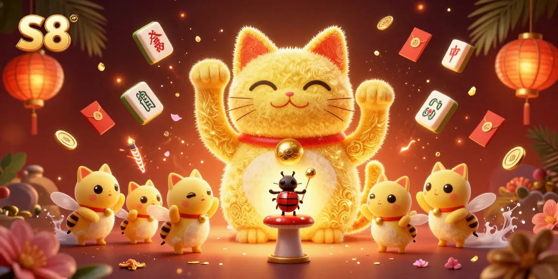 S8 captivates players with a vibrant, lucky cat scene amid casino glamour and festive elements.