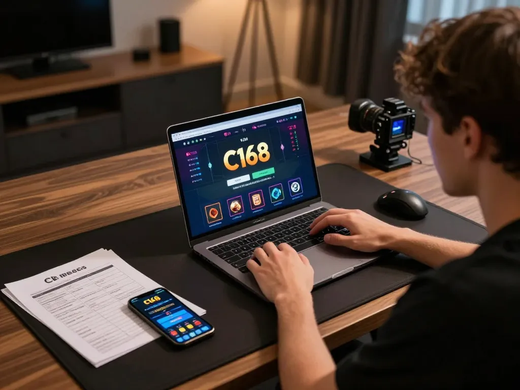 C168 online gaming session with player using laptop and mobile app in cozy atmosphere.