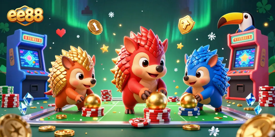 ee88 pangolins compete with golden balls in a vibrant casino scene filled with game machines.