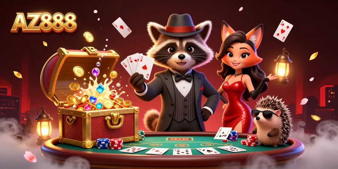Engage in the thrill of AZ888 with a raccoon, fox, and hedgehog in a rich casino scene.