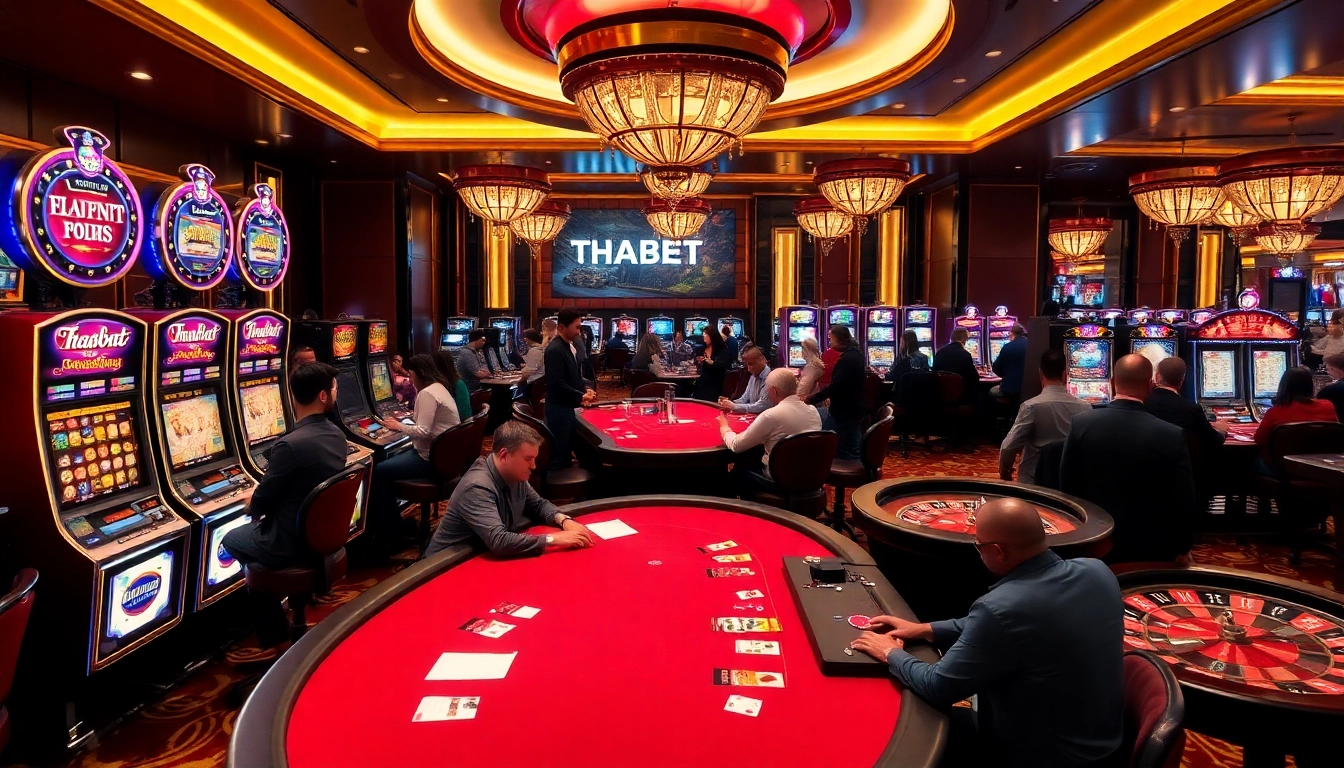 THABET casino scene with vibrant tables, lively players, and luxurious decor showcasing excitement in gambling.
