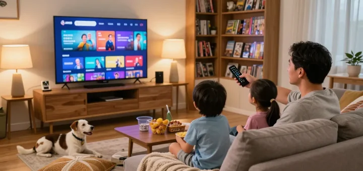 Família desfrutando de IPTV em sala de estar aconchegante com telas vibrantes.